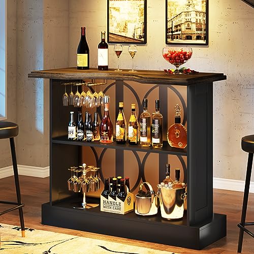 Tribesigns Home Bar Unit, Industrial Liquor Bar Table with Storage and Glasses Holder, 3-Tier Wine Bar Cabinet Mini Bars with Acrylic Front for Home Kitchen Pub (Black)