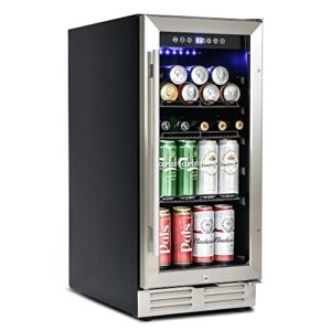 15" beverage refrigerator and cooler, 120 cans, adjustable shelves, drink fridge with glass door and lock, led lighting, etl, touch controls, under counter built-in or freestanding wine fridge