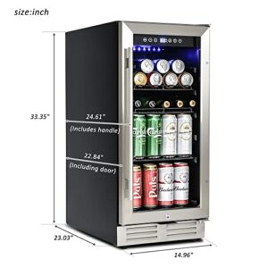 15" Beverage Refrigerator and Cooler, 120 Cans, Adjustable Shelves, Drink Fridge with Glass Door and Lock, LED Lighting, ETL, Touch Controls, Under Counter Built-in or Freestanding Wine Fridge