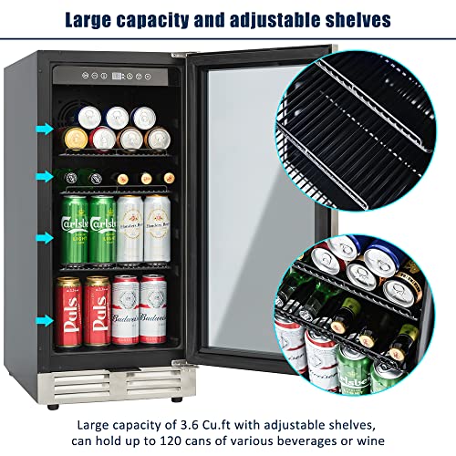15" Beverage Refrigerator and Cooler, 120 Cans, Adjustable Shelves, Drink Fridge with Glass Door and Lock, LED Lighting, ETL, Touch Controls, Under Counter Built-in or Freestanding Wine Fridge