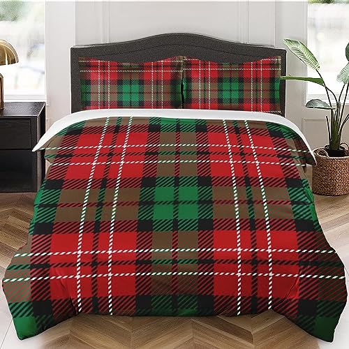 Duvet Cover Full Size, Christmas Plaid Red Green Bedding Set with Zipper Closure for Kids and Adults, Winter Geometric Woven Comforter Cover with 2 Pillow Shams for Bedroom Bed Decor