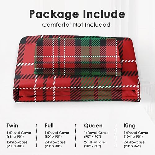 Duvet Cover Full Size, Christmas Plaid Red Green Bedding Set with Zipper Closure for Kids and Adults, Winter Geometric Woven Comforter Cover with 2 Pillow Shams for Bedroom Bed Decor