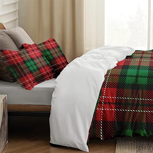 Duvet Cover Full Size, Christmas Plaid Red Green Bedding Set with Zipper Closure for Kids and Adults, Winter Geometric Woven Comforter Cover with 2 Pillow Shams for Bedroom Bed Decor