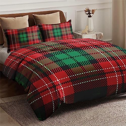 Duvet Cover Full Size, Christmas Plaid Red Green Bedding Set with Zipper Closure for Kids and Adults, Winter Geometric Woven Comforter Cover with 2 Pillow Shams for Bedroom Bed Decor