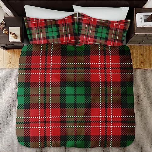 Duvet Cover Full Size, Christmas Plaid Red Green Bedding Set with Zipper Closure for Kids and Adults, Winter Geometric Woven Comforter Cover with 2 Pillow Shams for Bedroom Bed Decor