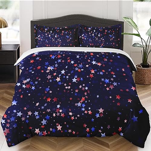 Duvet Cover Full Size, 4Th of July American Bedding Set with Zipper Closure for Kids and Adults, Red Blue Patriotic Comforter Cover with 2 Pillow Shams for Bedroom Bed Decor