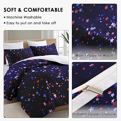 Duvet Cover Full Size, 4Th of July American Bedding Set with Zipper Closure for Kids and Adults, Red Blue Patriotic Comforter Cover with 2 Pillow Shams for Bedroom Bed Decor