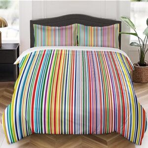 duvet cover full size, rainbow stripe green blue bedding set with zipper closure for kids and adults, red colorful line comforter cover with 2 pillow shams for bedroom bed decor