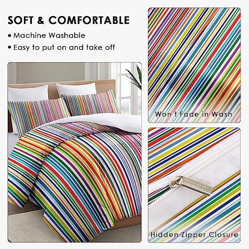 Duvet Cover Full Size, Rainbow Stripe Green Blue Bedding Set with Zipper Closure for Kids and Adults, Red Colorful Line Comforter Cover with 2 Pillow Shams for Bedroom Bed Decor