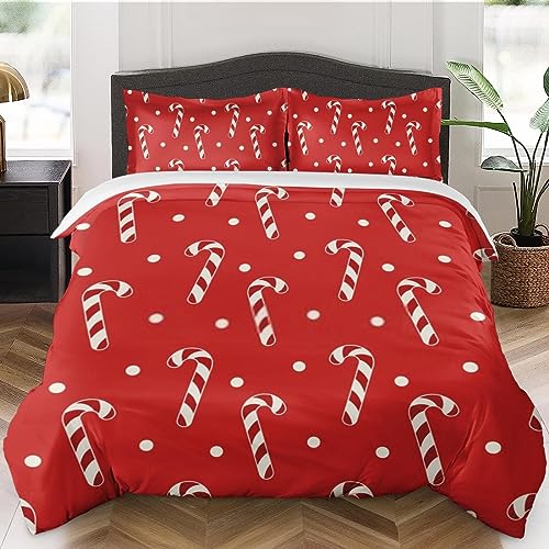 Duvet Cover Twin Size, Christmas Red Cream Polka Bedding Set with Zipper Closure for Kids and Adults, Dot Xmas Candy Comforter Cover with Pillow Sham for Bedroom Bed Decor