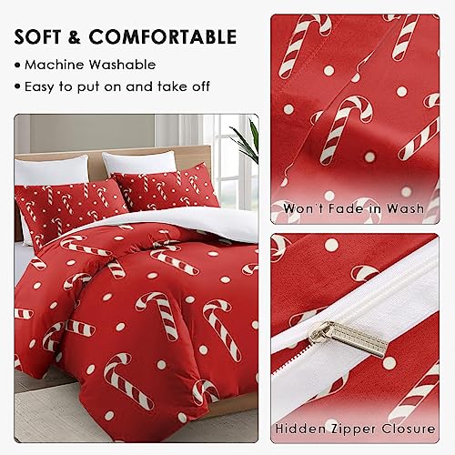 Duvet Cover Twin Size, Christmas Red Cream Polka Bedding Set with Zipper Closure for Kids and Adults, Dot Xmas Candy Comforter Cover with Pillow Sham for Bedroom Bed Decor