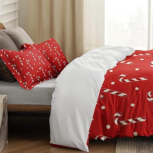 Duvet Cover Twin Size, Christmas Red Cream Polka Bedding Set with Zipper Closure for Kids and Adults, Dot Xmas Candy Comforter Cover with Pillow Sham for Bedroom Bed Decor