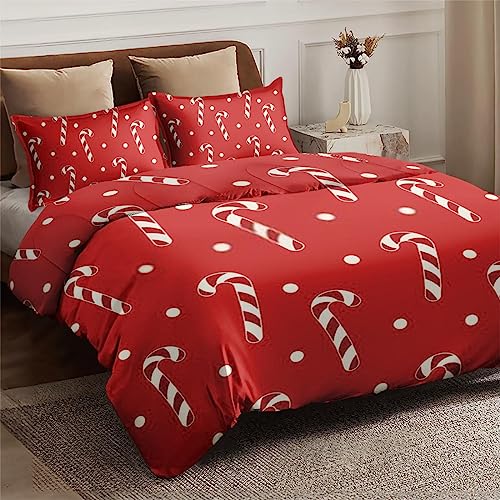 Duvet Cover Twin Size, Christmas Red Cream Polka Bedding Set with Zipper Closure for Kids and Adults, Dot Xmas Candy Comforter Cover with Pillow Sham for Bedroom Bed Decor