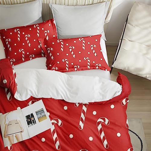 Duvet Cover Twin Size, Christmas Red Cream Polka Bedding Set with Zipper Closure for Kids and Adults, Dot Xmas Candy Comforter Cover with Pillow Sham for Bedroom Bed Decor