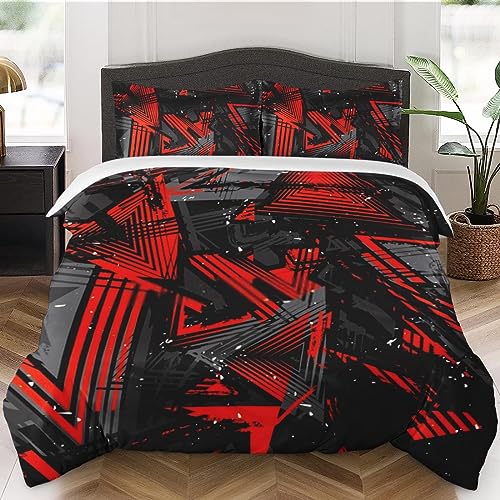 Duvet Cover Twin Size, Neon Colorful Red Gray Bedding Set with Zipper Closure for Kids and Adults, Camouflage Grey Stripe Comforter Cover with Pillow Sham for Bedroom Bed Decor