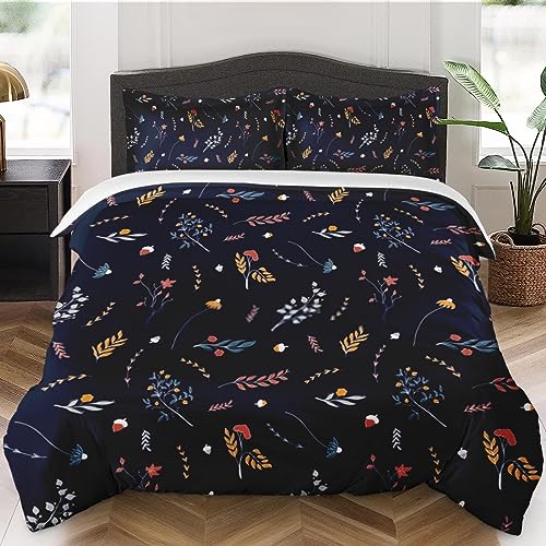 Duvet Cover Full Size, Autumn Orange Red Blue Bedding Set with Zipper Closure for Kids and Adults, Grey Leaves Flower Comforter Cover with 2 Pillow Shams for Bedroom Bed Decor