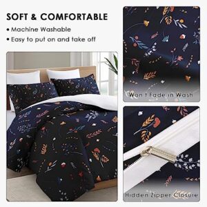 Duvet Cover Full Size, Autumn Orange Red Blue Bedding Set with Zipper Closure for Kids and Adults, Grey Leaves Flower Comforter Cover with 2 Pillow Shams for Bedroom Bed Decor