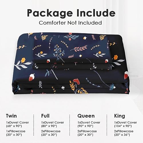 Duvet Cover Full Size, Autumn Orange Red Blue Bedding Set with Zipper Closure for Kids and Adults, Grey Leaves Flower Comforter Cover with 2 Pillow Shams for Bedroom Bed Decor