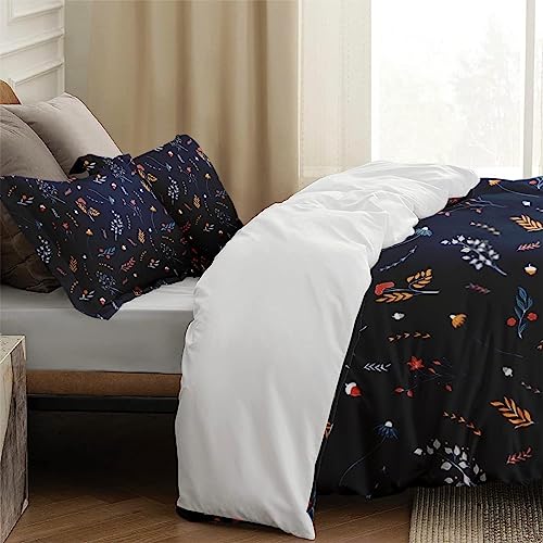 Duvet Cover Full Size, Autumn Orange Red Blue Bedding Set with Zipper Closure for Kids and Adults, Grey Leaves Flower Comforter Cover with 2 Pillow Shams for Bedroom Bed Decor