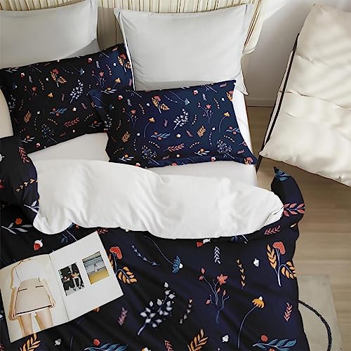 Duvet Cover Full Size, Autumn Orange Red Blue Bedding Set with Zipper Closure for Kids and Adults, Grey Leaves Flower Comforter Cover with 2 Pillow Shams for Bedroom Bed Decor