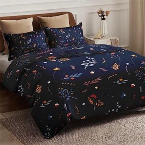 Duvet Cover Full Size, Autumn Orange Red Blue Bedding Set with Zipper Closure for Kids and Adults, Grey Leaves Flower Comforter Cover with 2 Pillow Shams for Bedroom Bed Decor