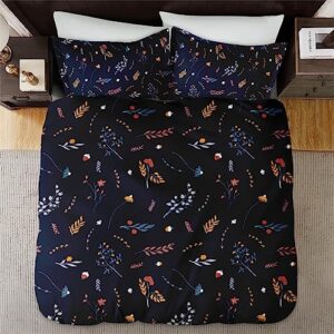 Duvet Cover Full Size, Autumn Orange Red Blue Bedding Set with Zipper Closure for Kids and Adults, Grey Leaves Flower Comforter Cover with 2 Pillow Shams for Bedroom Bed Decor