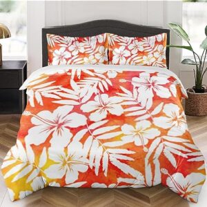 duvet cover full size, red hibiscus hawaiian flower bedding set with zipper closure for kids and adults, surf floral tropical comforter cover with 2 pillow shams for bedroom bed decor