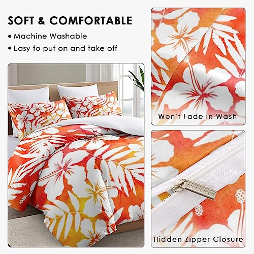 Duvet Cover Full Size, Red Hibiscus Hawaiian Flower Bedding Set with Zipper Closure for Kids and Adults, Surf Floral Tropical Comforter Cover with 2 Pillow Shams for Bedroom Bed Decor
