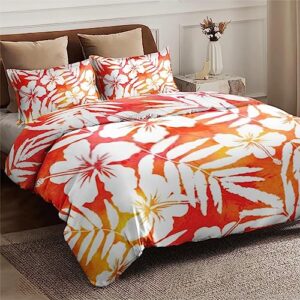 Duvet Cover Full Size, Red Hibiscus Hawaiian Flower Bedding Set with Zipper Closure for Kids and Adults, Surf Floral Tropical Comforter Cover with 2 Pillow Shams for Bedroom Bed Decor