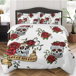duvet cover king size, dead mexican sugar skulls bedding set with zipper closure for kids and adults, red rose vintage comforter cover with 2 pillow shams for bedroom bed decor