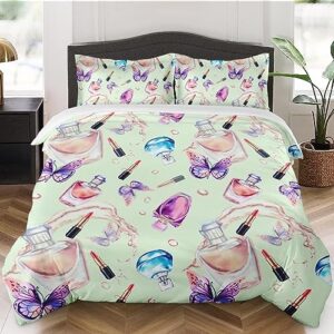 duvet cover queen size, butterfly geometric makeup red bedding set with zipper closure for kids and adults, perfume lipstick watercolor comforter cover with 2 pillow shams for bedroom bed decor