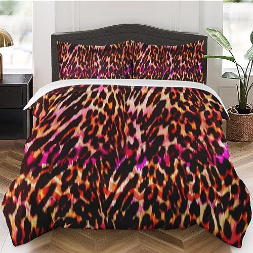 Duvet Cover Queen Size, Animal Leopard Sexy Tiger Bedding Set with Zipper Closure for Kids and Adults, Red Pink Lion Comforter Cover with 2 Pillow Shams for Bedroom Bed Decor