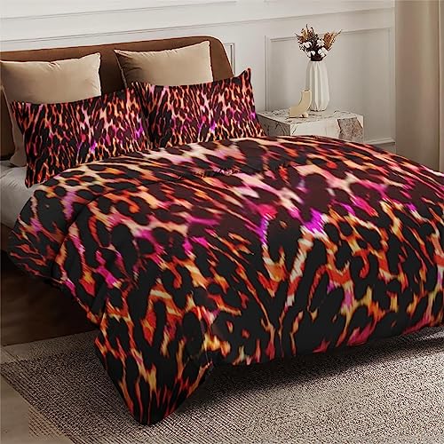 Duvet Cover Queen Size, Animal Leopard Sexy Tiger Bedding Set with Zipper Closure for Kids and Adults, Red Pink Lion Comforter Cover with 2 Pillow Shams for Bedroom Bed Decor