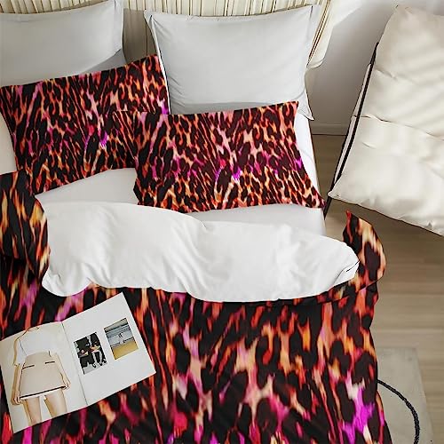 Duvet Cover Queen Size, Animal Leopard Sexy Tiger Bedding Set with Zipper Closure for Kids and Adults, Red Pink Lion Comforter Cover with 2 Pillow Shams for Bedroom Bed Decor