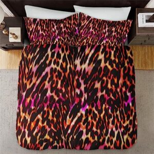 Duvet Cover Queen Size, Animal Leopard Sexy Tiger Bedding Set with Zipper Closure for Kids and Adults, Red Pink Lion Comforter Cover with 2 Pillow Shams for Bedroom Bed Decor