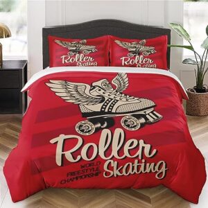 duvet cover queen size, vintage racing red exercise bedding set with zipper closure for kids and adults, america gray roller comforter cover with 2 pillow shams for bedroom bed decor