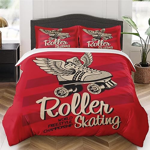 Duvet Cover Queen Size, Vintage Racing Red Exercise Bedding Set with Zipper Closure for Kids and Adults, America Gray Roller Comforter Cover with 2 Pillow Shams for Bedroom Bed Decor