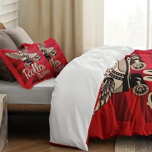 Duvet Cover Queen Size, Vintage Racing Red Exercise Bedding Set with Zipper Closure for Kids and Adults, America Gray Roller Comforter Cover with 2 Pillow Shams for Bedroom Bed Decor