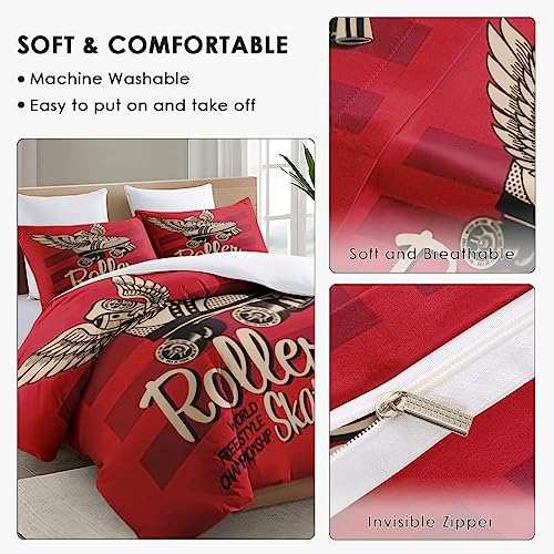 Duvet Cover Queen Size, Vintage Racing Red Exercise Bedding Set with Zipper Closure for Kids and Adults, America Gray Roller Comforter Cover with 2 Pillow Shams for Bedroom Bed Decor