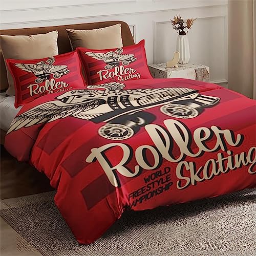 Duvet Cover Queen Size, Vintage Racing Red Exercise Bedding Set with Zipper Closure for Kids and Adults, America Gray Roller Comforter Cover with 2 Pillow Shams for Bedroom Bed Decor