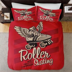 Duvet Cover Queen Size, Vintage Racing Red Exercise Bedding Set with Zipper Closure for Kids and Adults, America Gray Roller Comforter Cover with 2 Pillow Shams for Bedroom Bed Decor