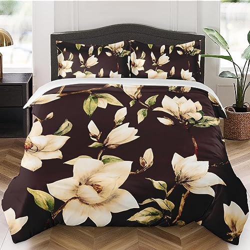 Duvet Cover Queen Size, Flower Floral Red Vintage Bedding Set with Zipper Closure for Kids and Adults, Wood Painting Pink Comforter Cover with 2 Pillow Shams for Bedroom Bed Decor