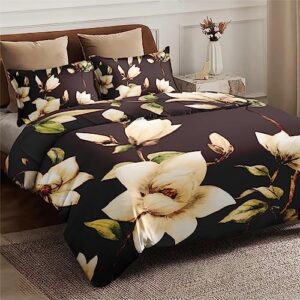 Duvet Cover Queen Size, Flower Floral Red Vintage Bedding Set with Zipper Closure for Kids and Adults, Wood Painting Pink Comforter Cover with 2 Pillow Shams for Bedroom Bed Decor