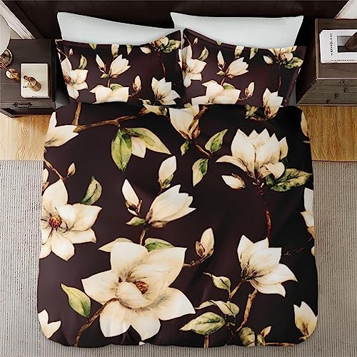 Duvet Cover Queen Size, Flower Floral Red Vintage Bedding Set with Zipper Closure for Kids and Adults, Wood Painting Pink Comforter Cover with 2 Pillow Shams for Bedroom Bed Decor