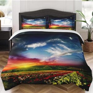 duvet cover queen size, colorful sunset spring summer bedding set with zipper closure for kids and adults, red sun green comforter cover with 2 pillow shams for bedroom bed decor