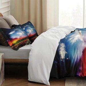 Duvet Cover Queen Size, Colorful Sunset Spring Summer Bedding Set with Zipper Closure for Kids and Adults, Red Sun Green Comforter Cover with 2 Pillow Shams for Bedroom Bed Decor