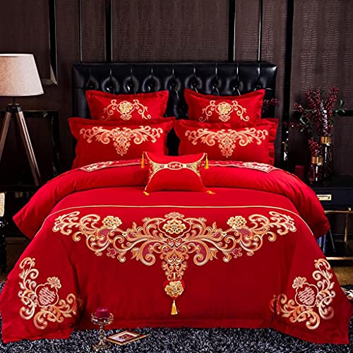 ZHUHW 4/6Pcs Embroidery Red Duvet Cover Bed Sheet Cotton Chinese Style Wedding Bed Cover Bedding Set Home Textile (Color : E, Size : Queen Size 6pcs)