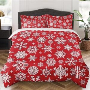 duvet cover queen size, christmas snowflakes red merry bedding set with zipper closure for kids and adults, winter xmas crystal comforter cover with 2 pillow shams for bedroom bed decor