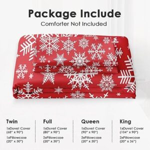 Duvet Cover Queen Size, Christmas Snowflakes Red Merry Bedding Set with Zipper Closure for Kids and Adults, Winter Xmas Crystal Comforter Cover with 2 Pillow Shams for Bedroom Bed Decor