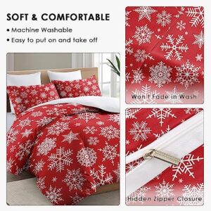 Duvet Cover Queen Size, Christmas Snowflakes Red Merry Bedding Set with Zipper Closure for Kids and Adults, Winter Xmas Crystal Comforter Cover with 2 Pillow Shams for Bedroom Bed Decor